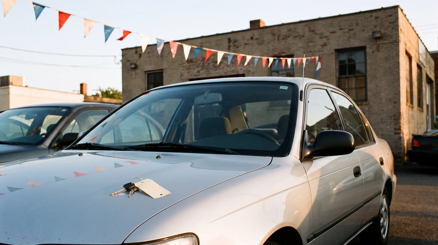 A modest silver used sedan on a small lot at golden hour, its keys with a paper tag resting on the hood.
