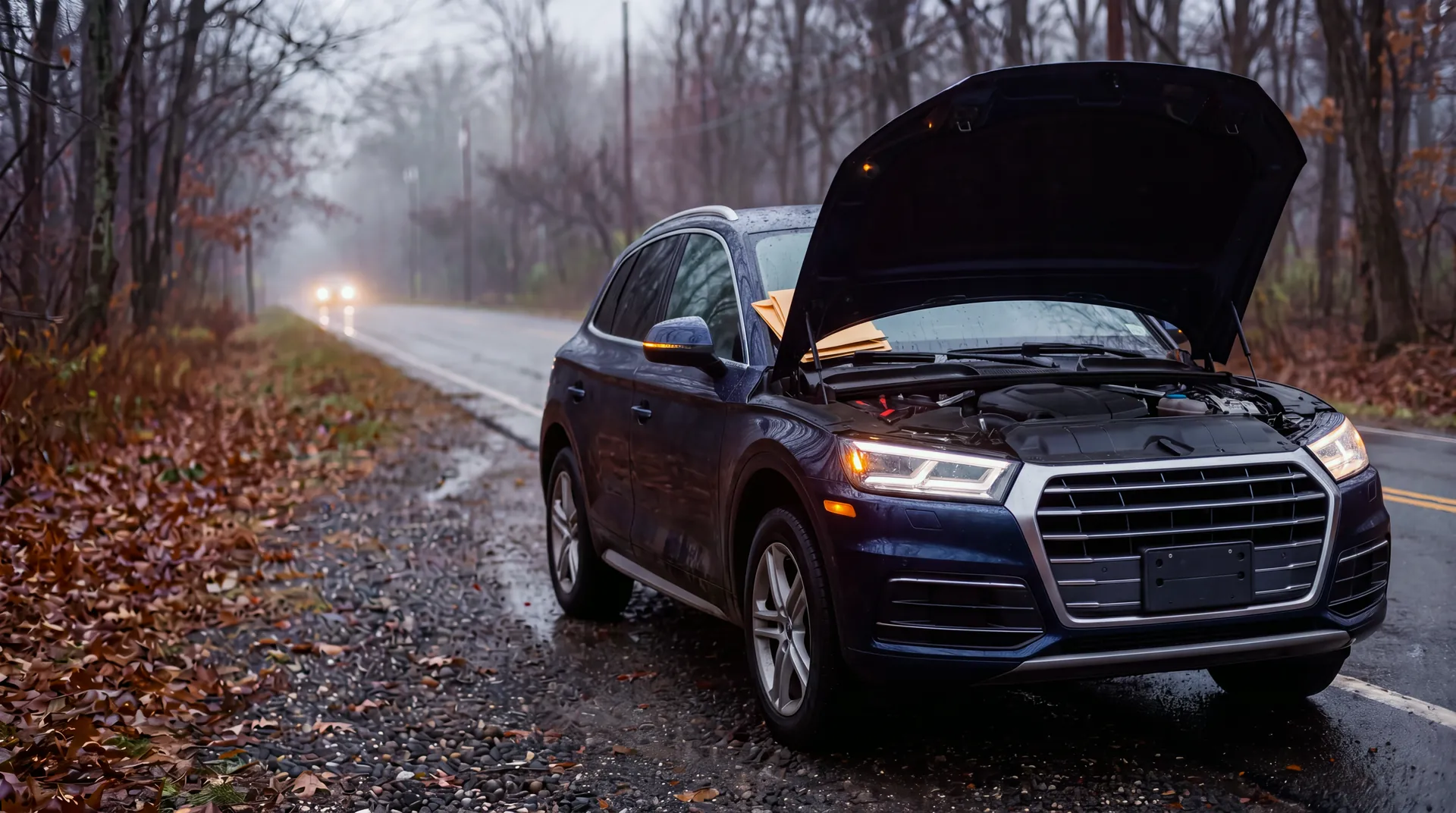 A dark-blue SUV stopped on a misty roadside at dusk, hood up and hazards on, envelopes on the dashboard.