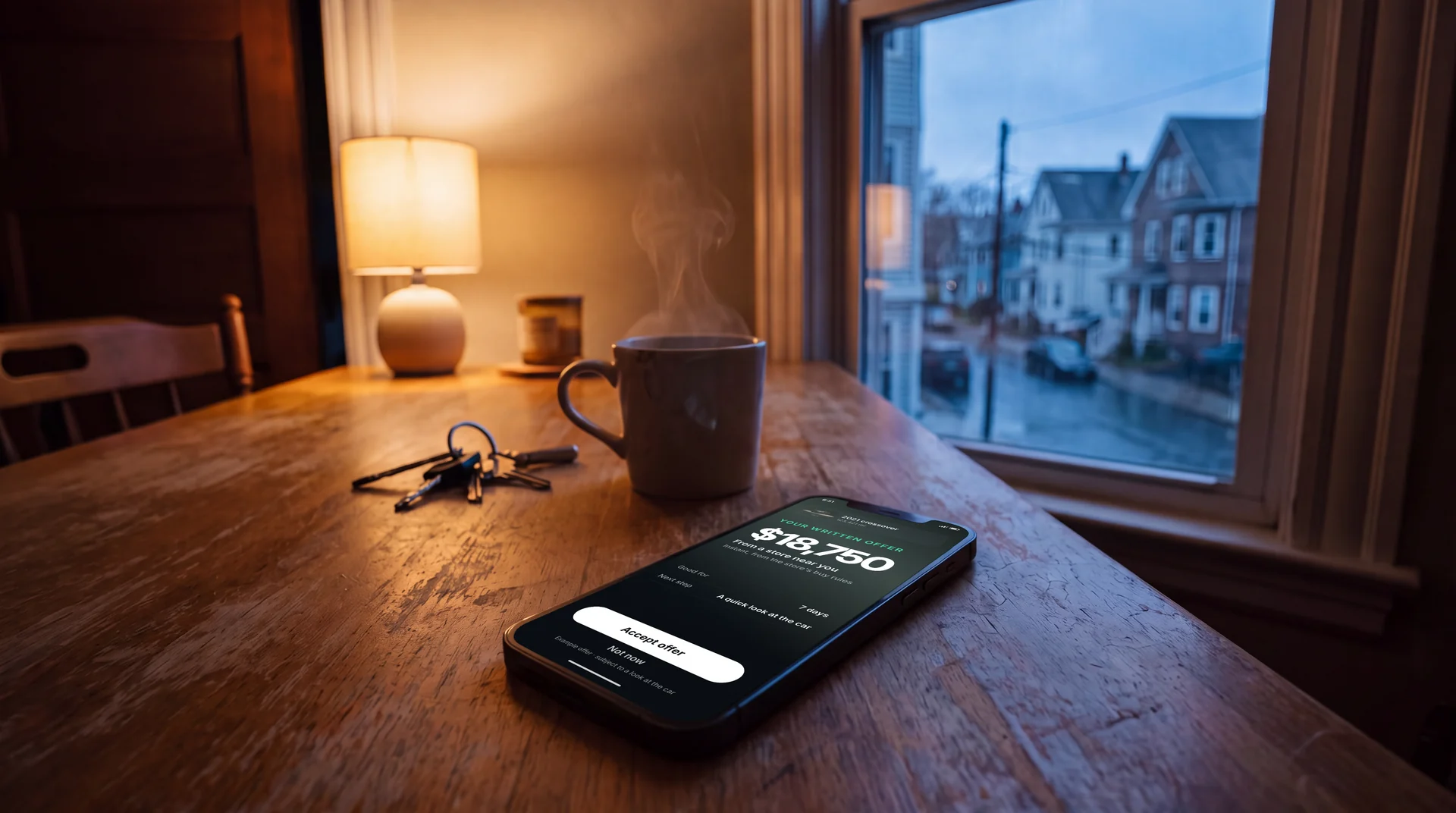A phone on a kitchen table at dusk, showing an example written offer of $18,750 from a store near you.